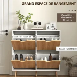 Meuble à chaussures design scandinave 4 portes abattantes 4 étagères réglables bois pin panneaux bois blanc