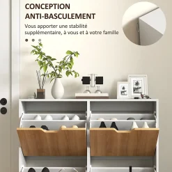 Meuble à chaussures design scandinave 4 portes abattantes 4 étagères réglables bois pin panneaux bois blanc