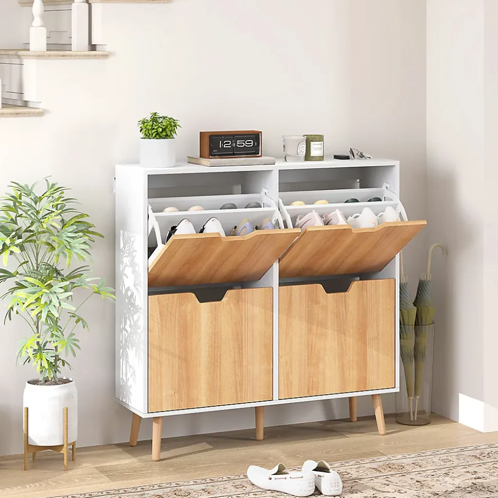Meuble à chaussures design scandinave 4 portes abattantes 4 étagères réglables bois pin panneaux bois blanc