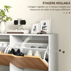 Meuble à chaussures design scandinave 4 portes abattantes 4 étagères réglables bois pin panneaux bois blanc