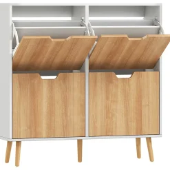 Meuble à chaussures design scandinave 4 portes abattantes 4 étagères réglables bois pin panneaux bois blanc