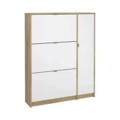 Meuble à chaussures Dtour, Meuble à chaussures, Armoire d'entrée polyvalente, 99x24 h124 cm, Chêne et Blanc