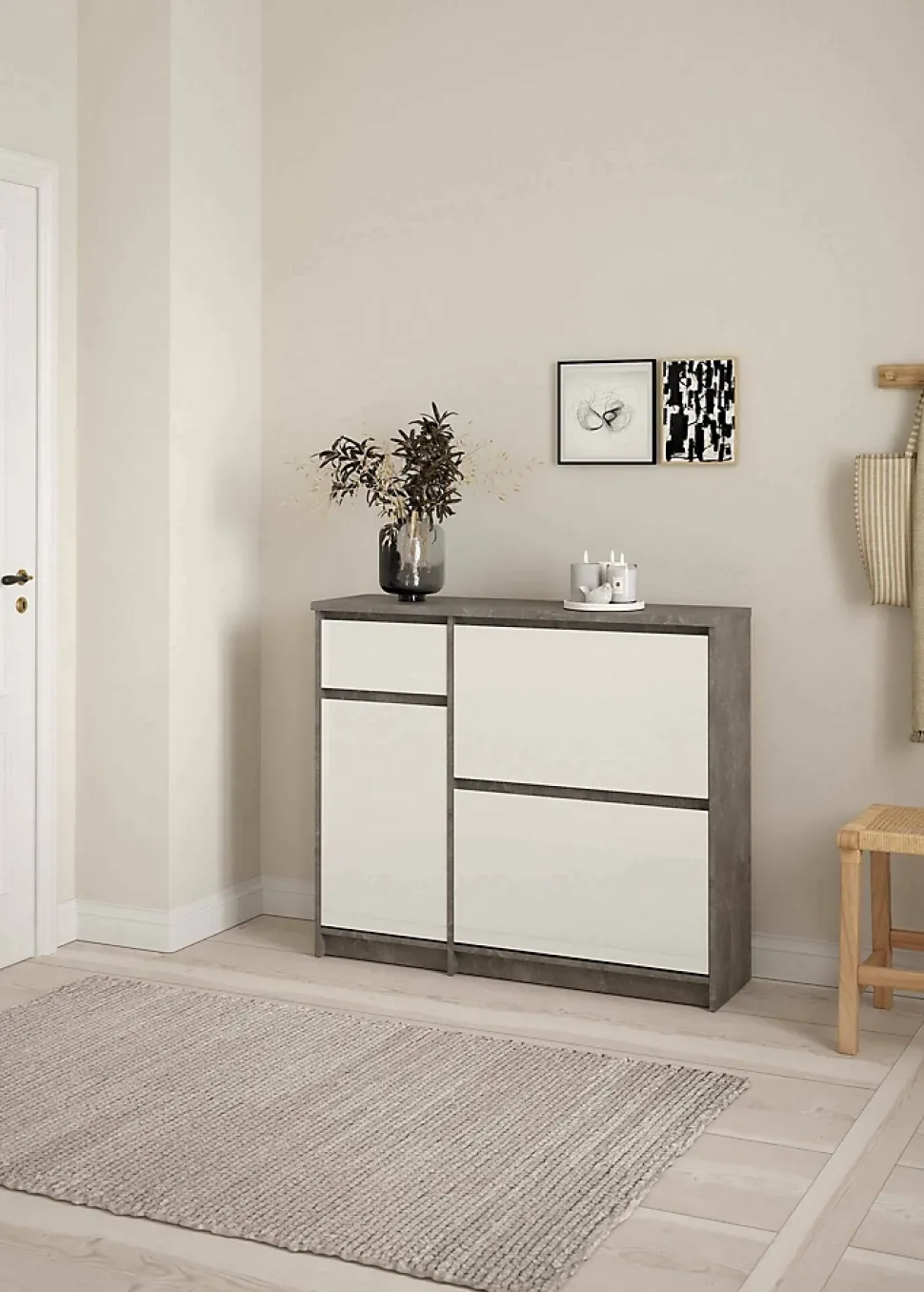 Meuble à chaussures Dtrainin, Meuble à chaussures, Armoire d'entrée polyvalente, 109x32 h93 cm, Ciment et blanc
