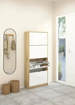 Meuble à chaussures Dtraor, Meuble à chaussures, Armoire d'entrée polyvalente, 70x24 h162 cm, Chêne et Blanc