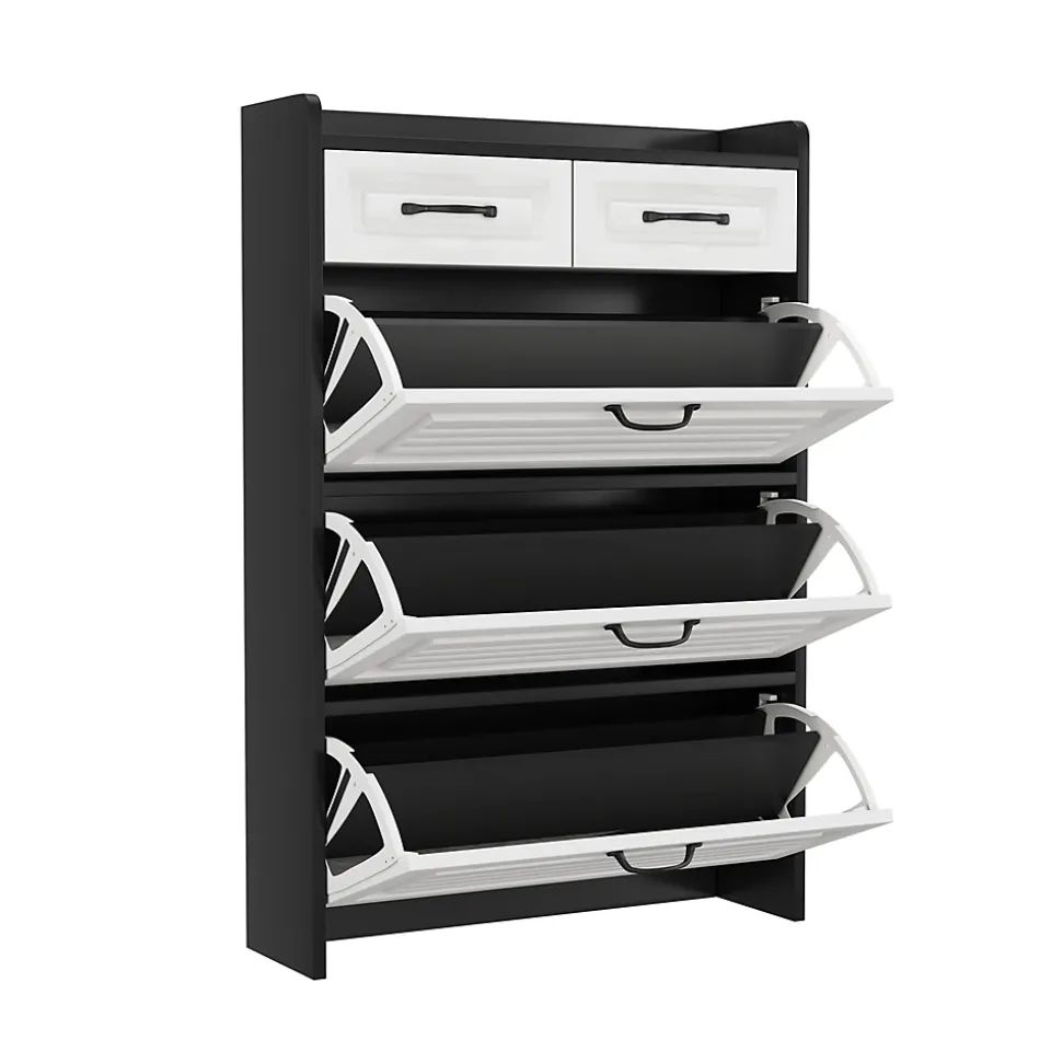 Meuble à Chaussures en Bois avec Abattants Rotatifs et 2 Tiroirs, Design Moderne pour Entrée et Salon - Blanc/Noir 80x23,5x131 cm