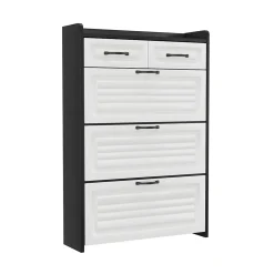 Meuble à Chaussures en Bois avec Abattants Rotatifs et 2 Tiroirs, Design Moderne pour Entrée et Salon - Blanc/Noir 80x23,5x131 cm