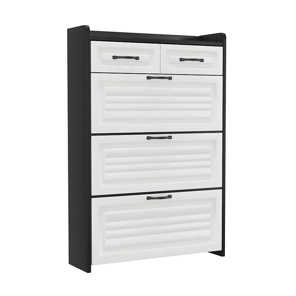 Meuble à Chaussures en Bois avec Abattants Rotatifs et 2 Tiroirs, Design Moderne pour Entrée et Salon - Blanc/Noir 80x23,5x131 cm