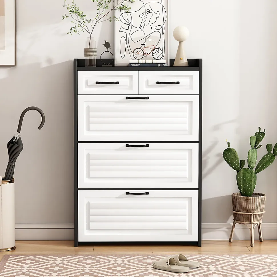Meuble à Chaussures en Bois avec Abattants Rotatifs et 2 Tiroirs, Design Moderne pour Entrée et Salon - Blanc/Noir 80x23,5x131 cm