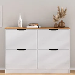 Meuble à chaussures en pin BASIL, 2x2 abattants, lasuré blanc et brun