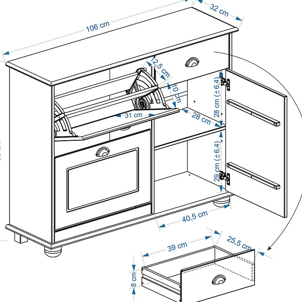 Meuble à chaussures en pin COLMAR, lasuré blanc