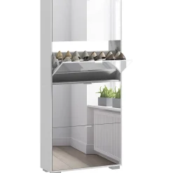 Meuble à chaussures grand miroir 2 en 1 - 4 portes abattantes, étagères réglables - blanc verre