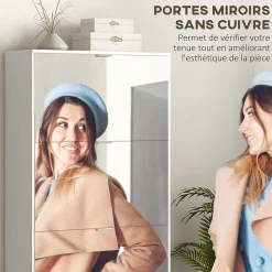 Meuble à chaussures grand miroir 2 en 1 - 4 portes abattantes, étagères réglables - blanc verre