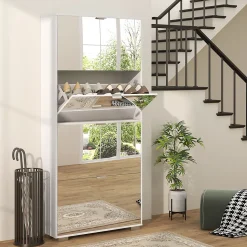 Meuble à chaussures grand miroir 2 en 1 - 4 portes abattantes, étagères réglables - blanc verre