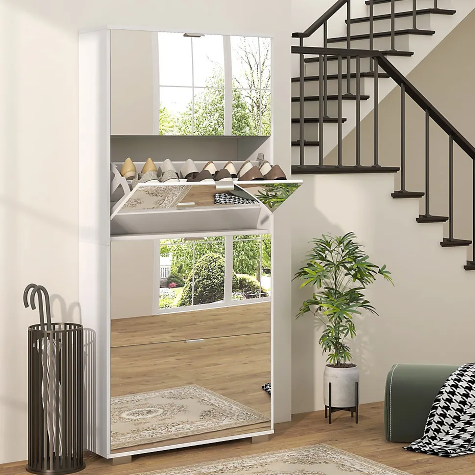 Meuble à chaussures grand miroir 2 en 1 - 4 portes abattantes, étagères réglables - blanc verre