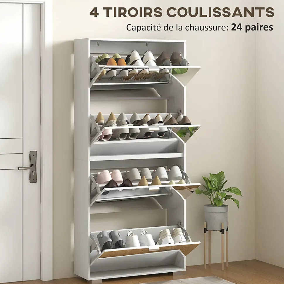 Meuble à chaussures grand miroir 2 en 1 - 4 portes abattantes, étagères réglables - blanc verre