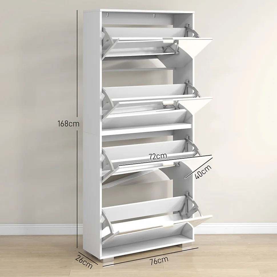 Meuble à chaussures grand miroir 2 en 1 - 4 portes abattantes, étagères réglables - blanc verre