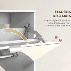 Meuble à chaussures grand miroir 2 en 1 - 4 portes abattantes, étagères réglables - blanc verre