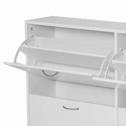 Meuble à chaussures grande taille dim. 120L x 24l x 81H cm 4 portes abattantes double niveau blanc