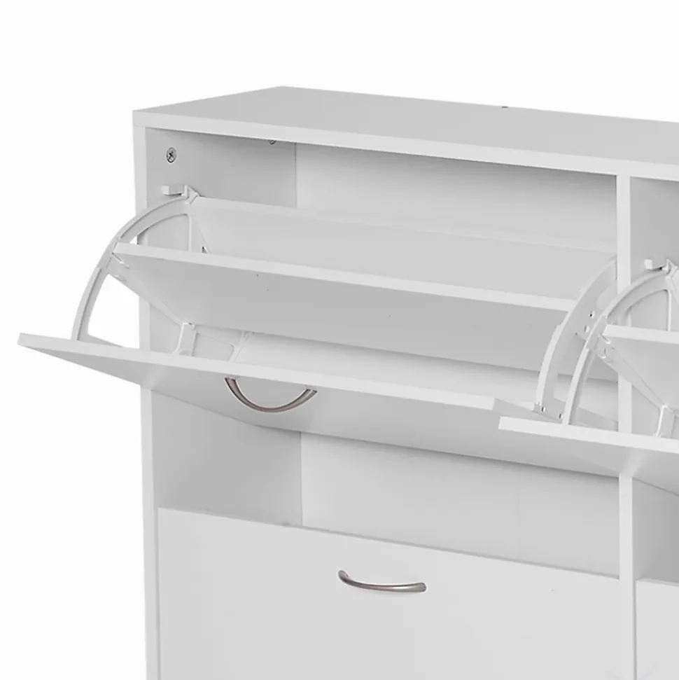 Meuble à chaussures grande taille dim. 120L x 24l x 81H cm 4 portes abattantes double niveau blanc