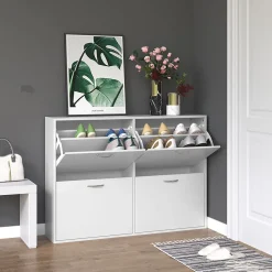 Meuble à chaussures grande taille dim. 120L x 24l x 81H cm 4 portes abattantes double niveau blanc