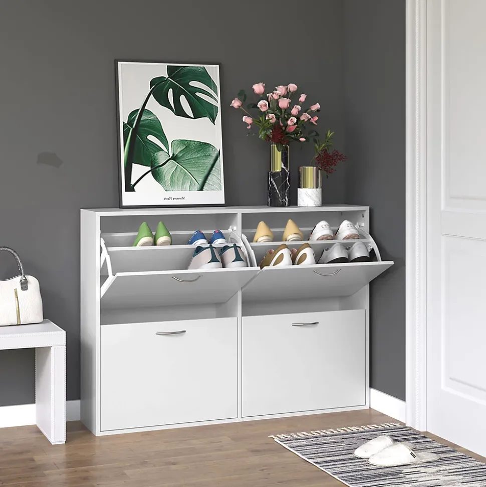 Meuble à chaussures grande taille dim. 120L x 24l x 81H cm 4 portes abattantes double niveau blanc