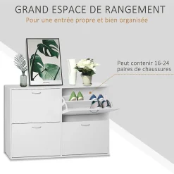 Meuble à chaussures grande taille dim. 120L x 24l x 81H cm 4 portes abattantes double niveau blanc