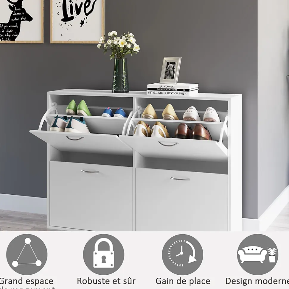 Meuble à chaussures grande taille dim. 120L x 24l x 81H cm 4 portes abattantes double niveau blanc
