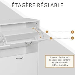 Meuble à chaussures grande taille dim. 120L x 24l x 81H cm 4 portes abattantes double niveau blanc