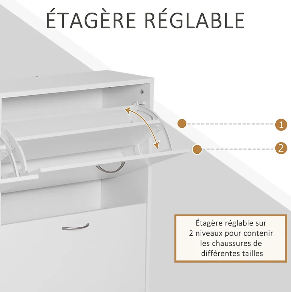 Meuble à chaussures grande taille dim. 120L x 24l x 81H cm 4 portes abattantes double niveau blanc