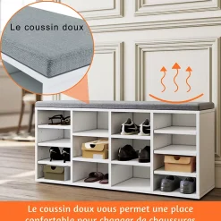 Meuble à chaussures L103.5 x 48 x 30cm SIRHONA , armoire de rangement avec 14 compartiments, avec coussin
