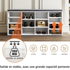 Meuble à chaussures L103.5 x 48 x 30cm SIRHONA , armoire de rangement avec 14 compartiments, avec coussin