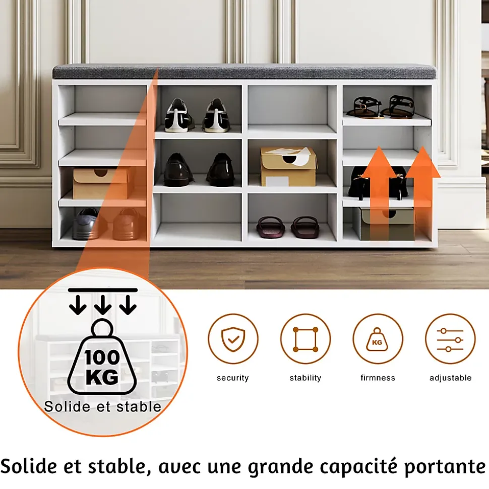 Meuble à chaussures L103.5 x 48 x 30cm SIRHONA , armoire de rangement avec 14 compartiments, avec coussin