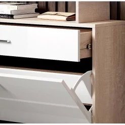 Meuble à chaussures LED - Mélamine brillant - Blanc et Sonoma - 2 portes 1 tiroir - 89x24x105 cm