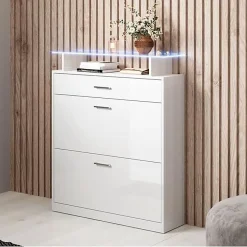 Meuble à chaussures LED - Mélamine brillant - Blanc - 105x89x24 cm