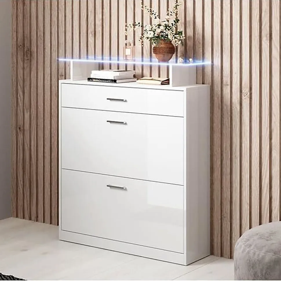 Meuble à chaussures LED - Mélamine brillant - Blanc - 105x89x24 cm