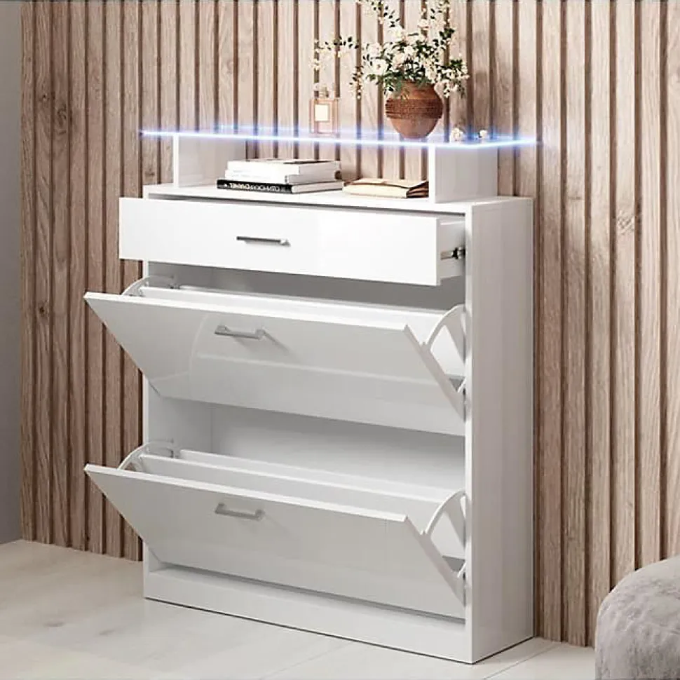 Meuble à chaussures LED - Mélamine brillant - Blanc - 105x89x24 cm