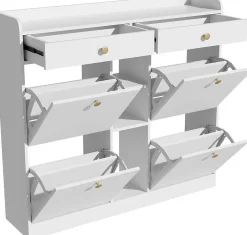 Meuble à chaussures élégant 110x26x100 cm, 4 portes, 2 tiroirs, 3 compartiments ouverts