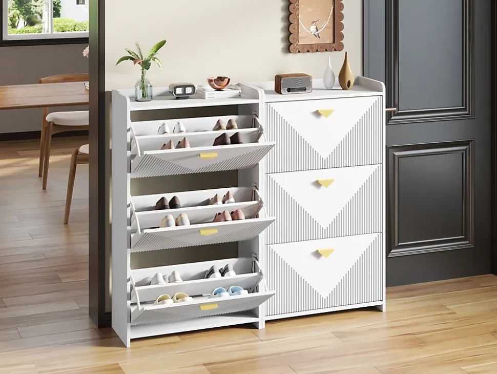 Meuble à Chaussures Lot de 2 - Meuble d'Entrée avec 6 Abattants et Étagères Réglables - en MDF - Blanc