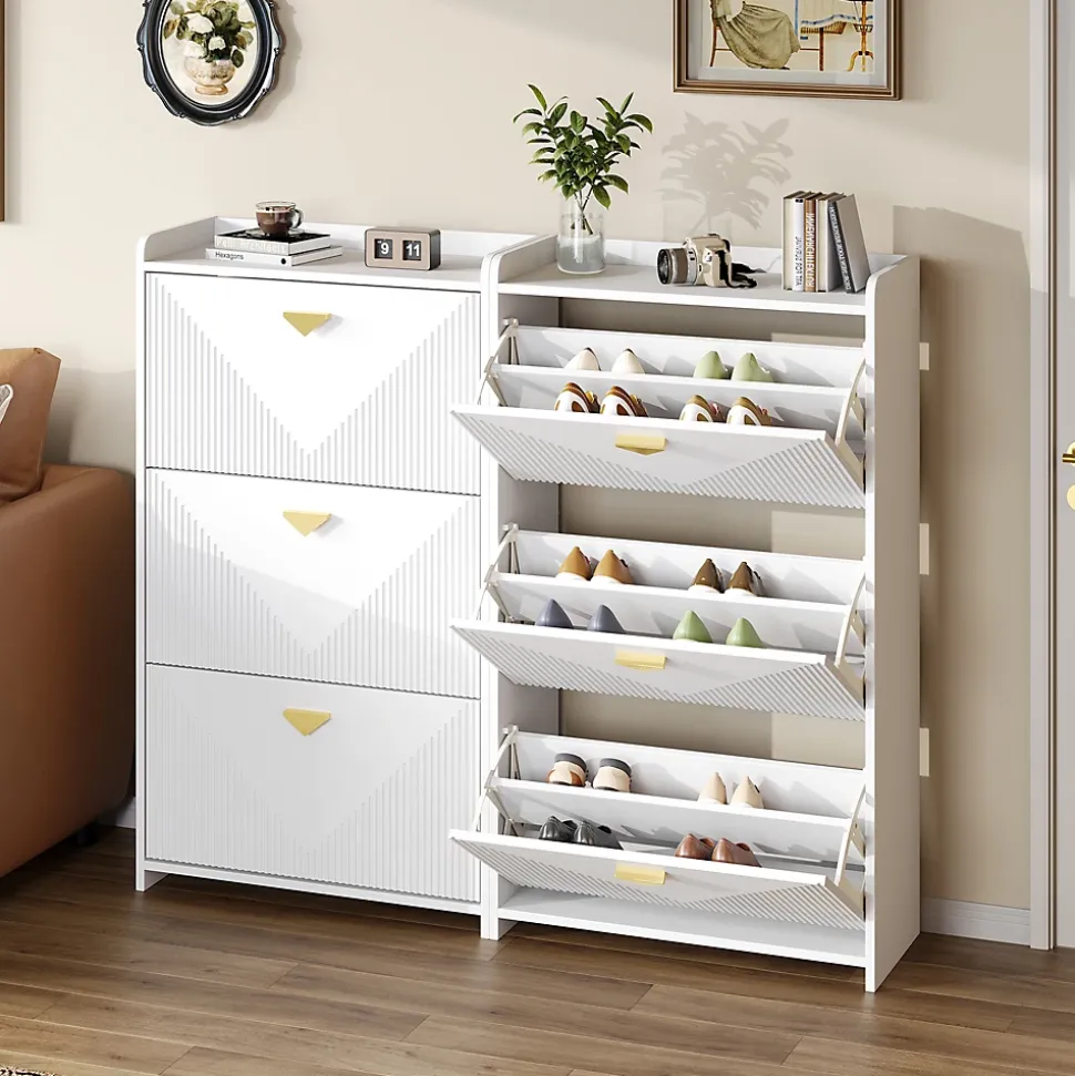 Meuble à Chaussures Lot de 2 - Meuble d'Entrée avec 6 Abattants et Étagères Réglables - en MDF - Blanc