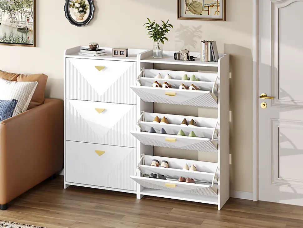 Meuble à Chaussures Lot de 2 - Meuble d'Entrée avec 6 Abattants et Étagères Réglables - en MDF - Blanc