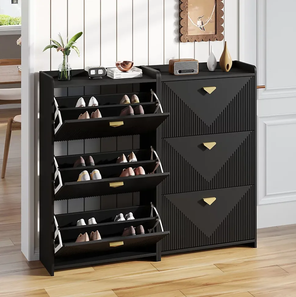 Meuble à Chaussures Lot de 2 - Meuble d'Entrée avec 6 Abattants et Étagères Réglables - en MDF - Noir