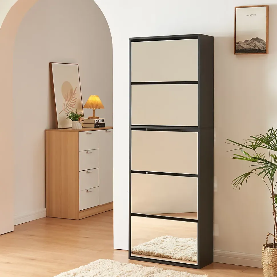 Meuble à chaussures Lund à 5 abattants avec miroir noir en.casa