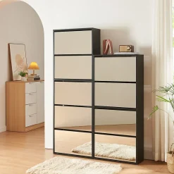 Meuble à chaussures Lund à 5 abattants avec miroir noir en.casa