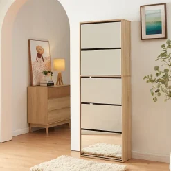 Meuble à chaussures Lund à 5 abattants avec miroir effet chêne Sonoma en.casa