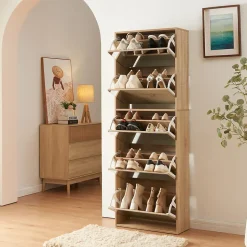 Meuble à chaussures Lund à 5 abattants avec miroir effet chêne Sonoma en.casa