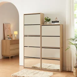 Meuble à chaussures Lund à 5 abattants avec miroir effet chêne Sonoma en.casa