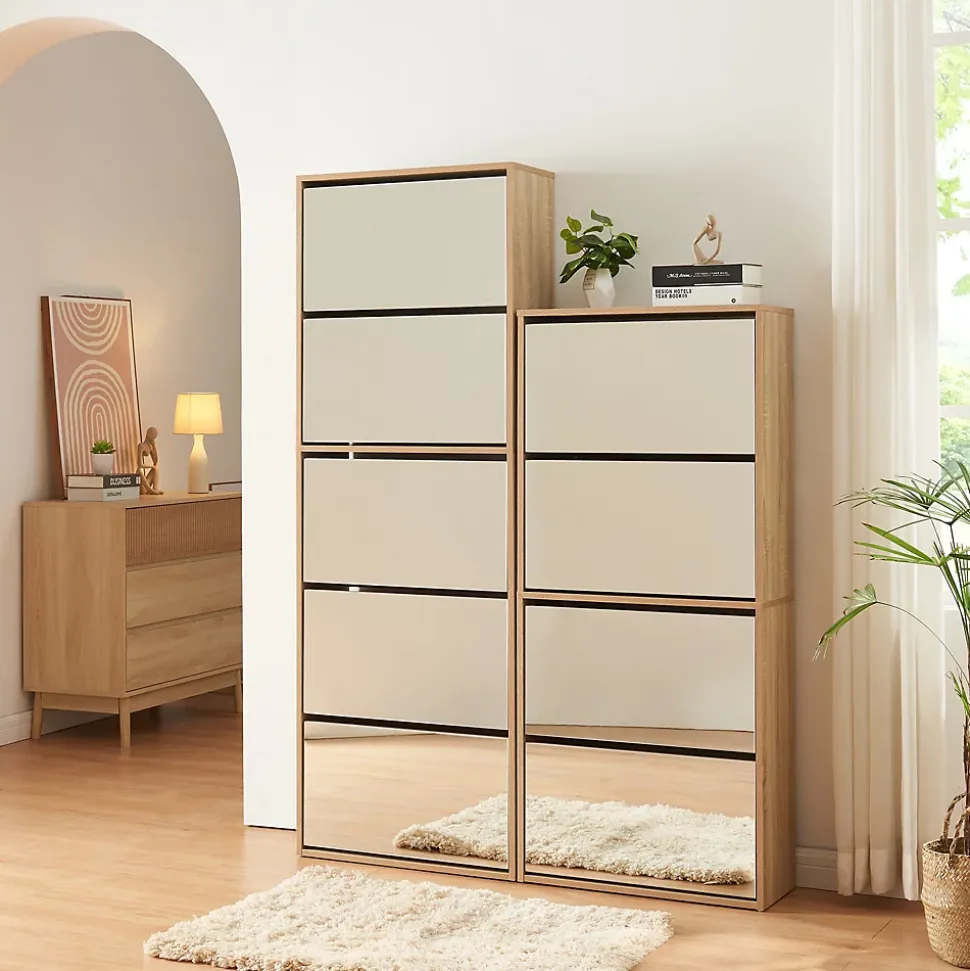 Meuble à chaussures Lund à 5 abattants avec miroir effet chêne Sonoma en.casa
