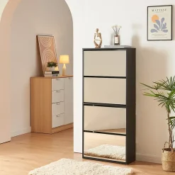 Meuble à chaussures Lund à 4 abattants avec miroir noir en.casa