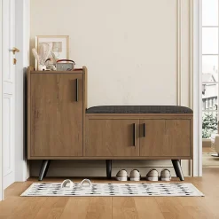 Meuble à chaussures marron avec 3 portes, poignées métalliques asymétriques, panneaux particules + métal, 100x34x68,5 cm