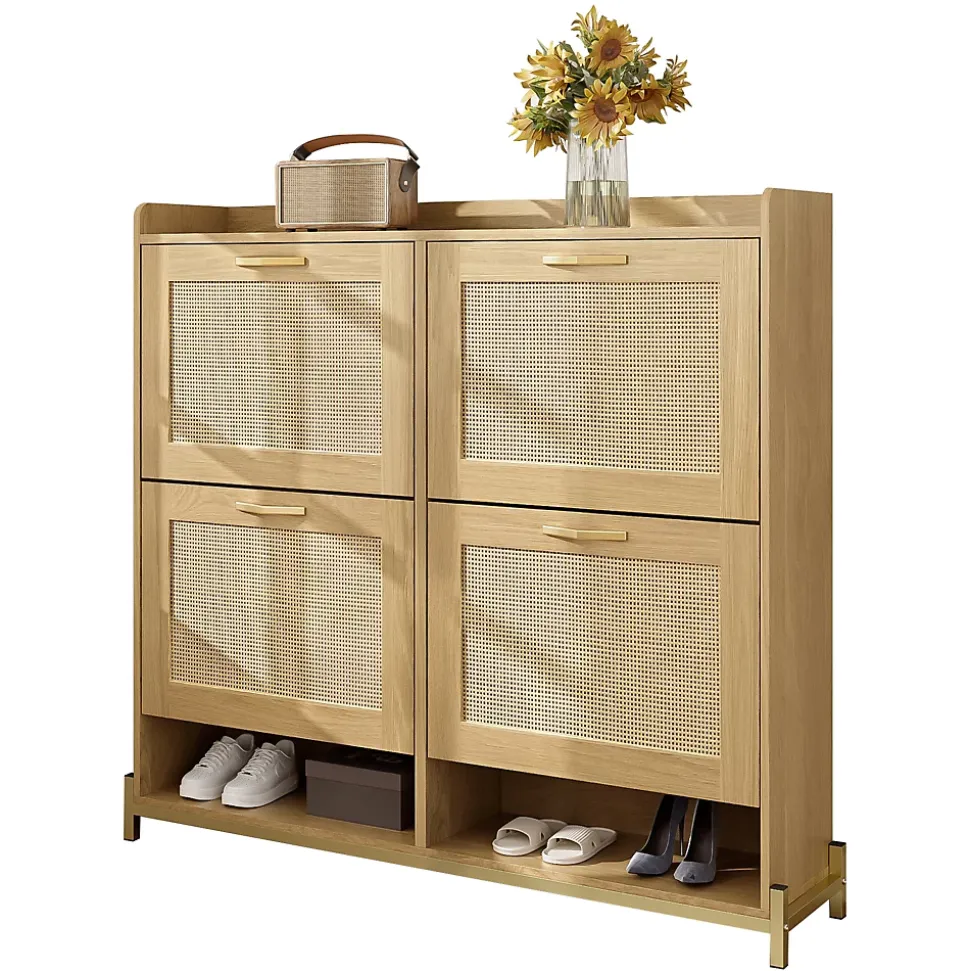 Meuble à Chaussures Meuble 4 Portes avec Étagère Supérieure et Portes Rotin - Bois Contemporain, Cadre Métal, Chêne Clair